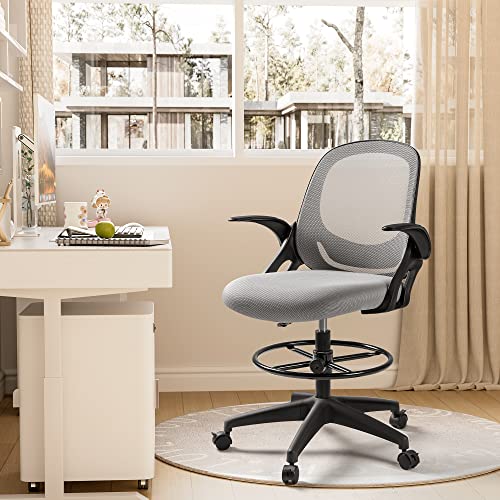 Devoko Drafting Chair Tall Office Chair With Flip-Up Armrests Executive Computer Standing Desk Chair With Lockable Wheels And Adjustable Footrest Ring (Light Grey) #TOP1
