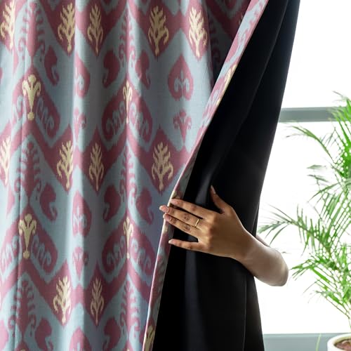 Image of Tranquebar Curtain Co. 100% Blackout Curtains, Complete Darkening Lining (Polyester), Blue-Pink Chevron Print, Cotton Blackout Curtains 5 Feet for Window, BackTabs, Ikat (152 cm) - Set of 2