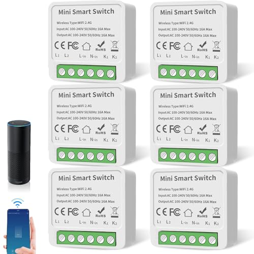 Behogan Set di 6 moduli di interruttore intelligente a 1 via; mini modulo relè interruttore fai da te, interruttore smart life, compatibile con Google Assistant e Alexa, driver neutro necessario