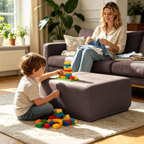 Image of YISUN Super Stretch Square Ottoman Cover - Soft Form Fit Ottoman Slipcover for Foot Stool & Folding Storage, Washable Furniture Protector with Non-Slip Elastic Bottom (L, Coffee)