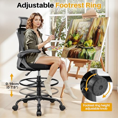 Image of Drafting Chair, Tall Office Chair for Standing Desk, Ergonomic High Back with Headrest, Lumbar Support, Foot Ring and Flip-up Armrests, Black