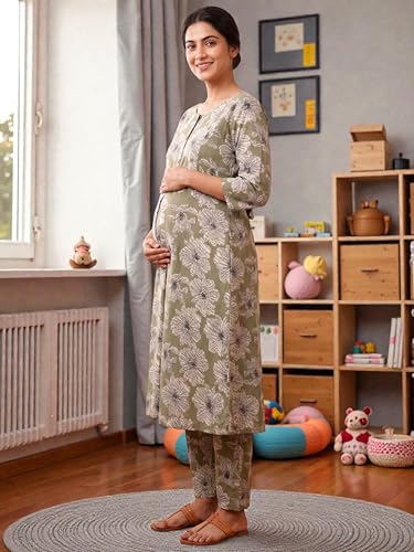 Image of RITIJYA Pure Cotton Feeding Kurta Pant Set for Women | Floral Anarkali Pregnancy Dress with Concealed Nursing Zipper Side Pocket | Pre & Post Partum | Maternity Dresses | Baby Shower Outfit