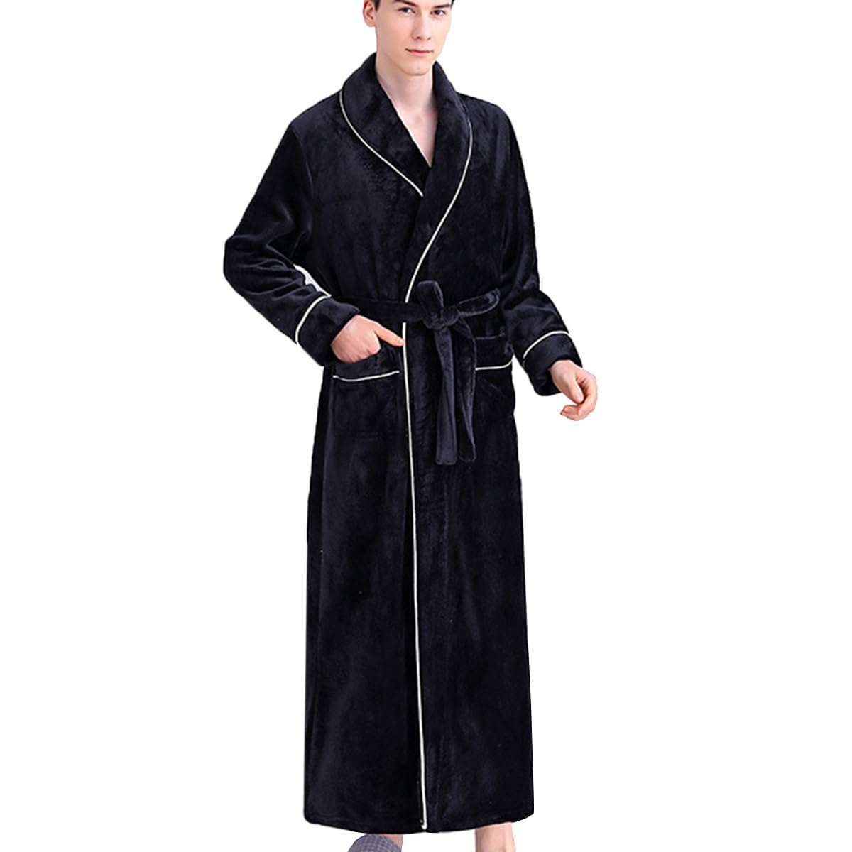 Flanelowy Szlafrok Damski Szlafroki Męskie Długa Bielizna Nocna Bielizna Nocna Z Kieszeniami Zimowa Ciepła Koszula Nocna Długa(/Black,XL men)