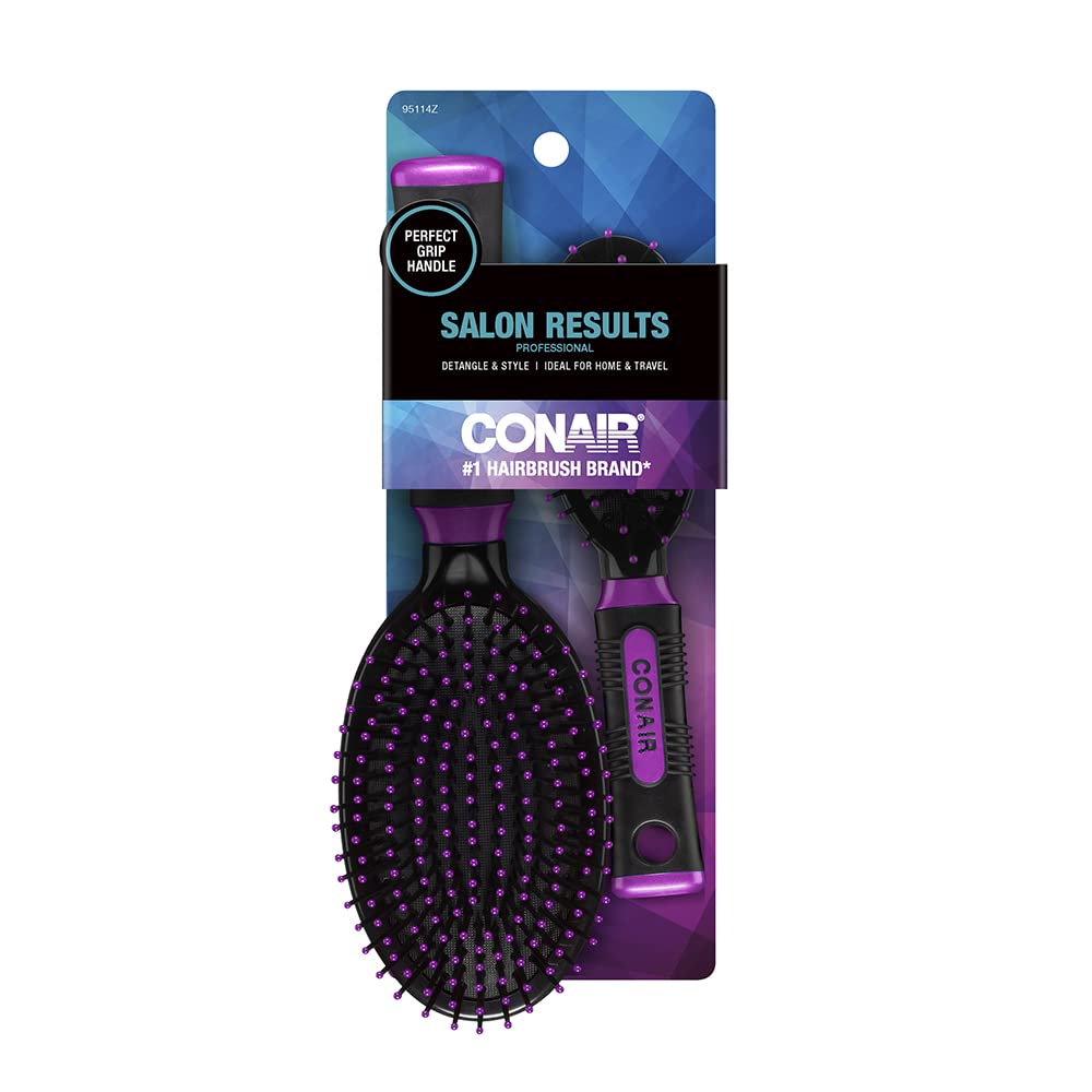 Conair Nylon Bristle Oval Cushion Hair Brush 2-Piece Set with Rubber-Grip Handles, Colors Vary (1 Compact for Travel and 1 Full-Sized) : Beauty & Personal Care
