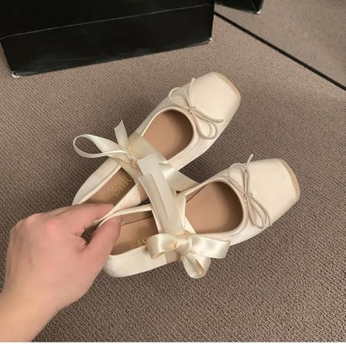 Women Ballet Flats Lace Up Ankle Strap Ballerina Flat Cute Bow Flower Square Toe Casual Comfort Ladies Dress Shoes2