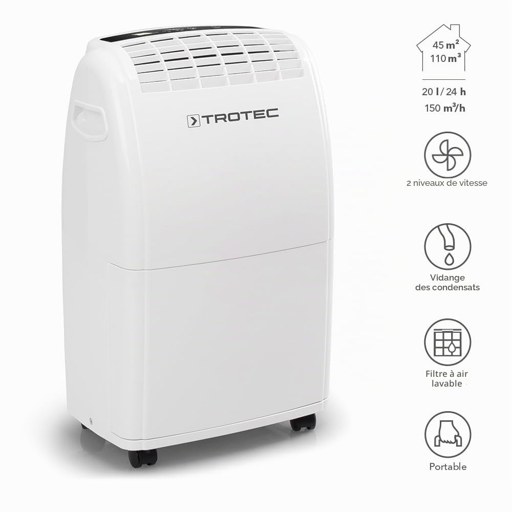 TROTEC Déshumidificateur TTK 75 E - 20 L/jour - surface 45 m² / 110 m³ - 3L résevoir - séchage du linge - déshumidificateur électrique avec arrêt automatique - anti humidité maison
