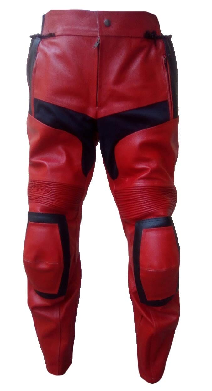 LEATHERAY Men’s Fashion Real Leather Motorcycle Pants Red & Black 5XL