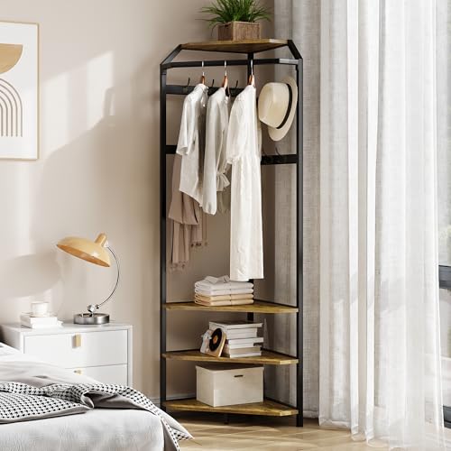 GarveeHome Corner Coat Rack with Shoe Bench Entryway, Corner Hall Tree with 6 Double Hooks, Clothes Rack with Storage Hall Tree with Organizer Shoe Bench Shelf (Vintage 02, 20 * 20 * 71 inch)