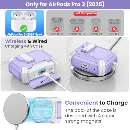 Image of ZORBES Compatible with AirPods Pro 3 Case, Purple TPU Cover with Carabiner | Wireless Charging Support, Secure Lock, Scratch-Resistant TPU, Easy Attachment for Daily Carry