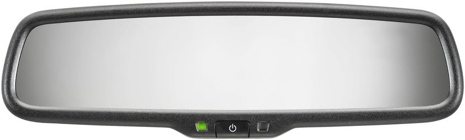 Front view of the Gentex 50-GENK2AM Auto-Dimming Rear View Mirror with a green indicator light and two control buttons at the bottom center.