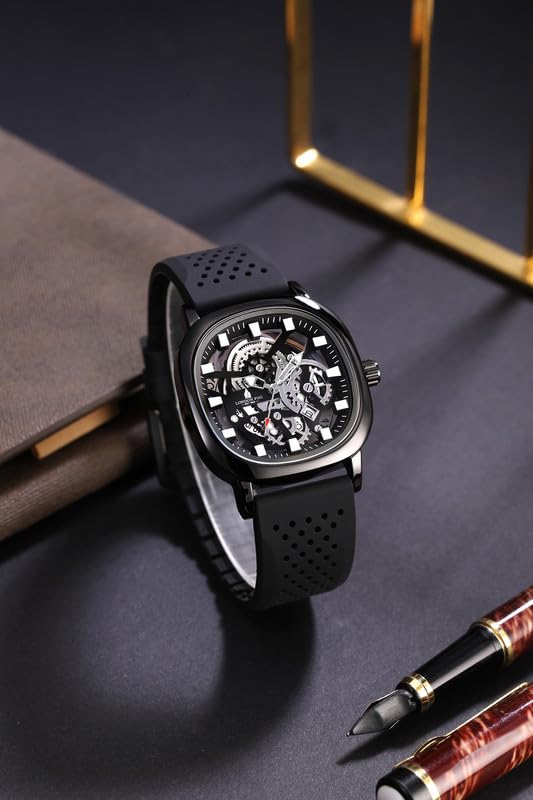 Image of London Fog Strand Collection Skeleton Style Quartz Watch for Men with Cushion Shaped Case, Date Display, Luminous Hands & Baton Hour Markers and Perforated Silicone Strap - LFM10026