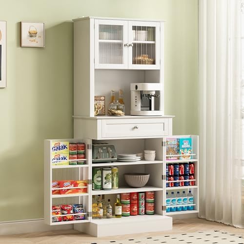 Kitchen Pantry Storage Cabinet with Drawers, 4 Glass Doors & 5 Sh...