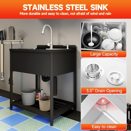 Image of Stainless Steel Utility Sink, 33.5 inch x 22 inch x 36.6 inchFreestanding Sink with Cold and Hot Water Faucet,Hoses and Drain Kit for Kitchens, Bathrooms, Garage, Laundry Room