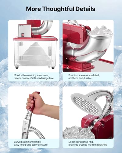Image of VEVOR Commercial Ice Crusher 661LBS /H, 350W Electric Snow Cone Machine with 4 Blades, 2000RPM Stainless Steel Shaved Ice Machine with 11 Gal Crushed-Ice Box, for Family Restaurants Bars, Red