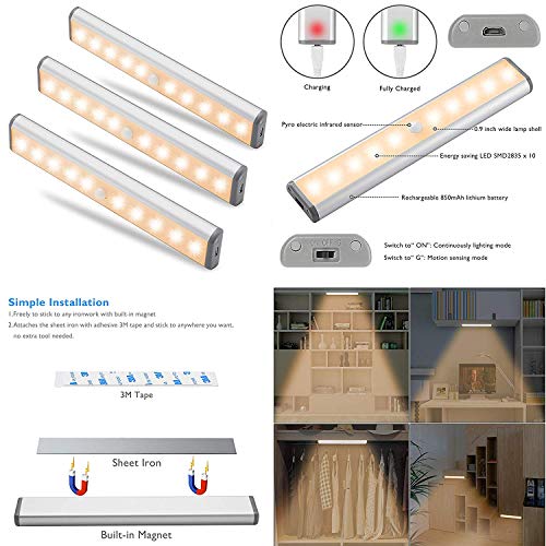 Image of Motion Sensor Closet Lights, MOSTON 10 LED Wireless Under Cabinet Lighting with Built-in Rechargeable Battery, Stick-on Anywhere Magnetic Night Lamp for Cupboard Cabinet Kitchen Wardrobe, Warm White