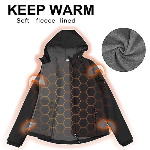 33,000ft Softshelljacke Damen Wasserdichte Atmungsaktive Warme Winterjacke Fleece Übergangsjacke Winddichte Funktionsjacke mit Kapuze Schwarz M