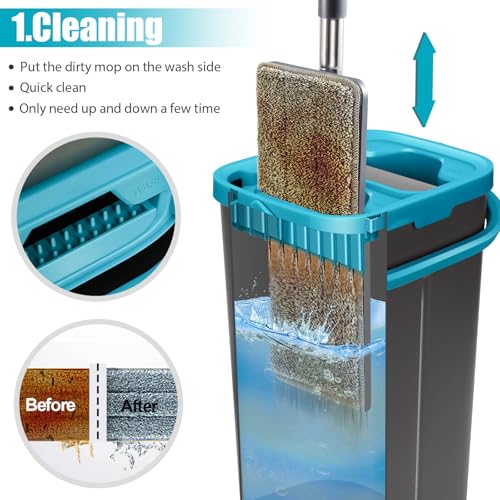 MASTERTOP Wischmopp Set mit Eimer, 2 in1 Bodenwischer mit Auswringfunktion für Nass-Trockennutzung, 141cm Flach Mopp Wischmop Set mit 6 Mikrofaser Pads für Alle Hartböden, Blau – Bild 3