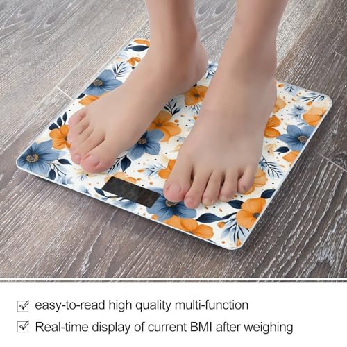 Báscula digital de vidrio templado con flores azul y naranja miniatura 5