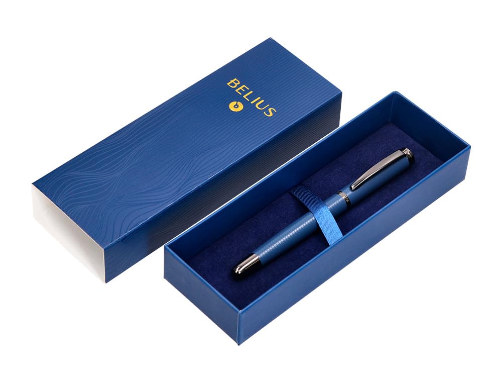 BELIUS NEPTUNE PEN ALUMINIUM TEXTURE WAVY COLOR NAVY BLUE INK BLUE DESIGN BOX