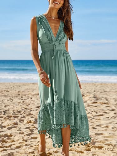 Image of CUPSHE Women's Maxi Dress V Neck Sleeveless Lace Tassel Smocked Waist Cover Up Beach Formal Long Dress