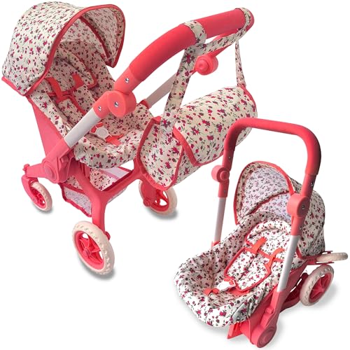 Baby Doll Car Seat Stroller Combo – Convertible 2 in 1 Doll Stroller and Car Seat for Kids – Fits Up to 20” Dolls – Play Toy Baby Stroller with Adjustable Handle for Girls Toddlers All Ages (Floral)