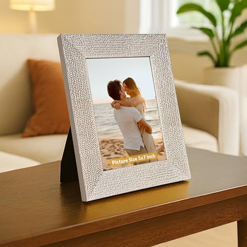 Image of Art Street Table and Wall Photo Frame Textured Picture Frames Picture Frame, Silver Metal Look for 5x7 Photos Tabletop Photos for Home Decor, Wood Photo Frames for Wall and Table Decoration 10x15 cm