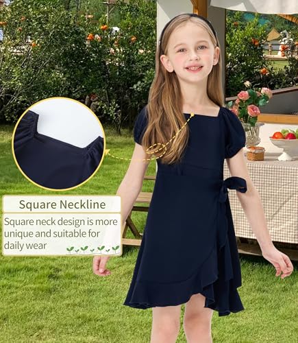 Girls Summer Bubble Sleeve Midi Dress with Ruffled Hem Square Neck Casual Flowy Sundress2