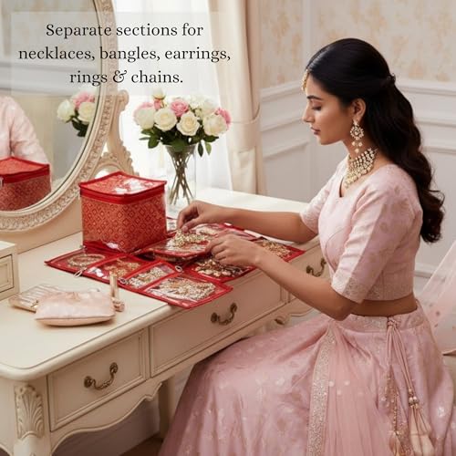 Image of Satin Red Jewellery Box Vanity Bag with 10 Pouches | Necklace, Bangle, Ring & Accessories Organizer for Women | Compact Travel Storage Solution