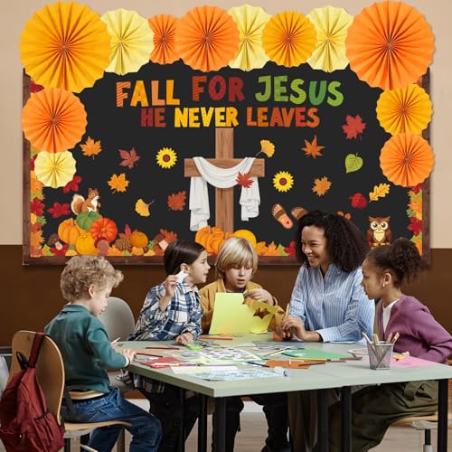 Image of Fall Christian Bulletin Board Decorations Set Fall for Jesus He Never Leaves Paper Cutouts for Classroom Autumn Sunday School Church Cross Cutout for Religious School Office Wall Decor