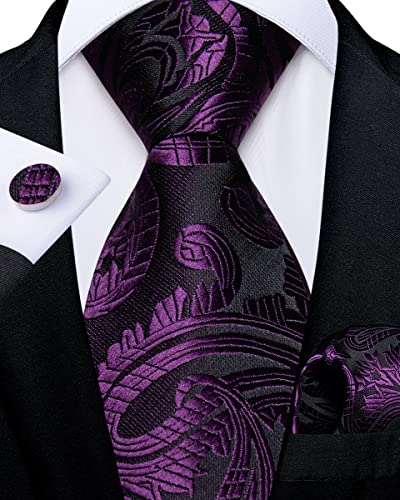 Image of DiBanGu Silk Zipper Ties for Men,Paisley Solid Plaid Pre-tied Tie and Pocket Square Cufflinks Set Formal Adjustable Necktie