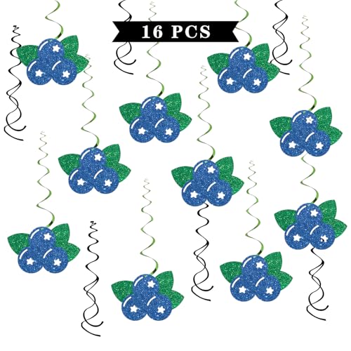 Image of Blueberry Hanging Swirl Decoration - Glitter 16 Pcs Berry Baby Shower Party Supplies - 1st Birthday Party - Engagement Wedding Streamers - Fruit Blueberry Party Foil Swirls Ceiling Decorations