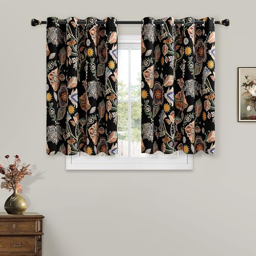 Image of XiDi Black Dark Short Floral Patterned Blackout Curtains 54 Inches Long