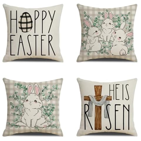 PSDWETS Happy Easter Pillow Cover 18x18 Set of 4 Easter Decorations He is Risen Christian Holiday Farmhouse Spring Decor Bunny Easter Eggs Cross Decor Pillow for Home Sofa Couch Cover