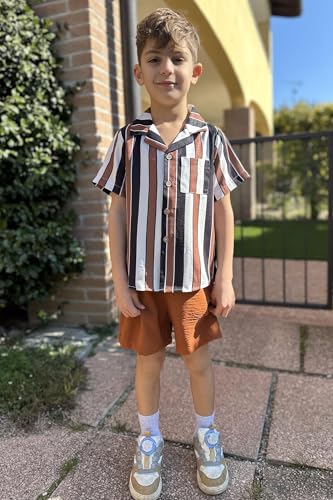 Image of Arshiner Boys 2 Pieces Summer Beach Outfits Short Sleeve Button Down Shirts and Shorts Vacation Texture Sets for Kids