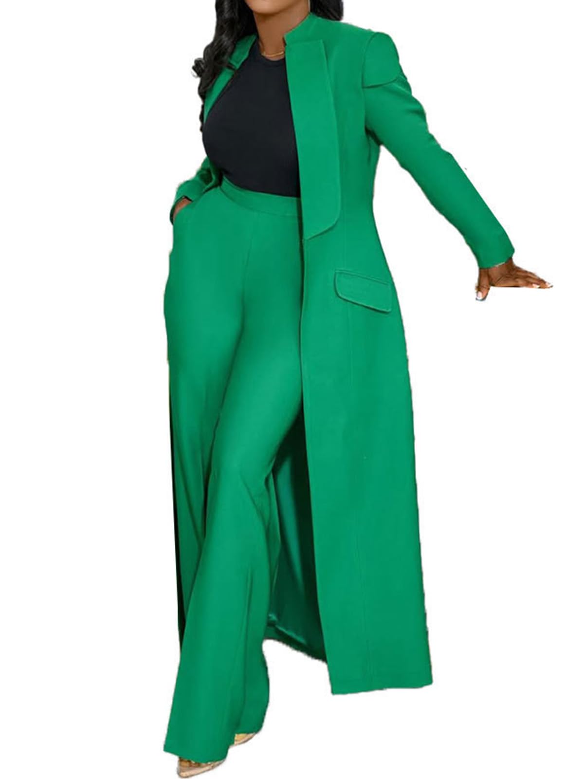 Famnbro Womens Suits 2 Piece Set Long Blazers Jacket Lapel and Straight Leg Pants Business Outfits