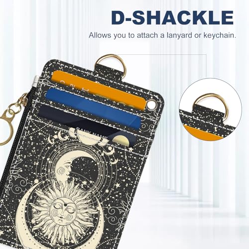 Image of Slim Wallet Credit Card Holder, Moon and Sun Face, RFID Wallet Women Cute Small Front Pocket Wallet With Zipper, PU Leather Thin travel RFID Blocking Card Case ID Window,Ladies Gifts