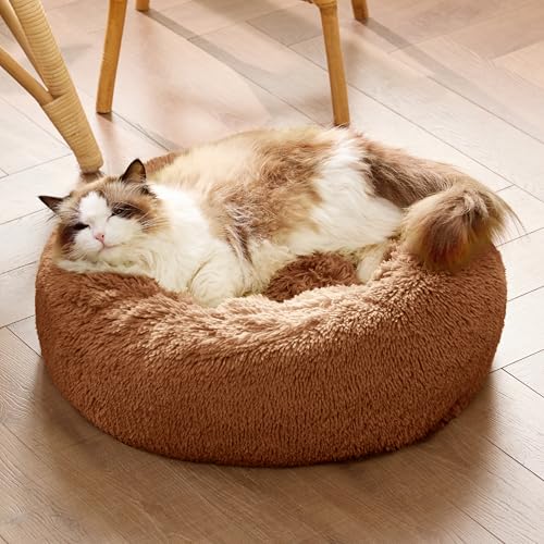 Image of Bedsure Calming Cat Beds for Indoor Cats - Small Cat Bed Washable 20 inches, Anti-Slip Round Fluffy Plush Faux Fur Pet Bed, Fits up to 15 lbs Pets, Copper