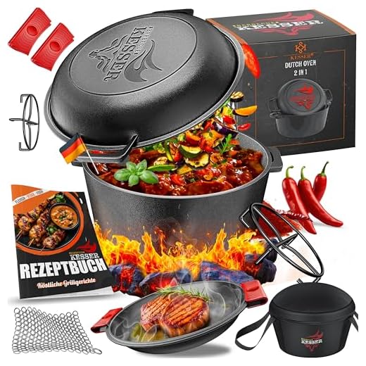 KESSER® Dutch Oven 2in1 Gusseisen Topf 4,8L und Pfanne 1,8L einsatzfertig eingebrannt Inkl. Kochbuch Schmortopf Doppelfunktion Deckel/Bratpfanne für Küche Camping Garten BBQ Backen Gasgrill, Schwarz