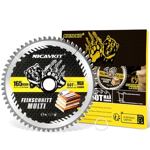 NICAVKIT Ø165 x 20 mm Kreissägeblatt für Holz, Metall & Alu uvm. Inkl. 16mm Reduzierring - Multi Material Feinschnitt Sägeblatt 160x20 Kompatibel als Bosch, Makita & Dewalt usw.