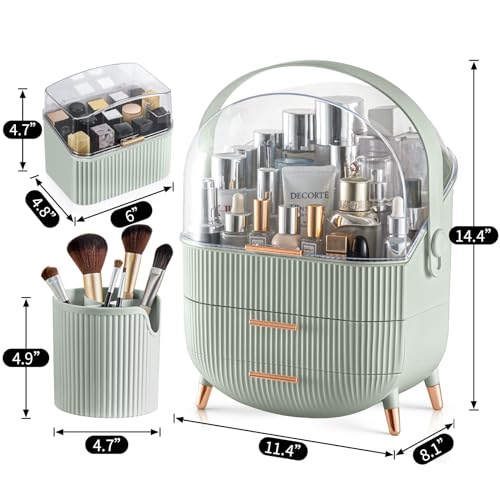 Image of CANITORON Makeup Organizer,Skincare Organizer with 2 Drawers and Brush Storage Box,Lipstick Holder,Cosmetic Display Case for Vanity Organizer and Bathroom Countertop Storage.(Sage Green)