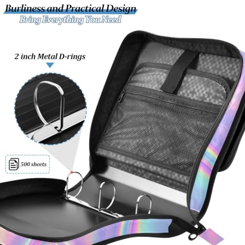 Image of Custom 3 Ring Zipper Binder Holographic Neon Pattern Iridescent Personalized Name 1.5 Inch Binders Large Capacity Multi Pockets for School Office Supplies
