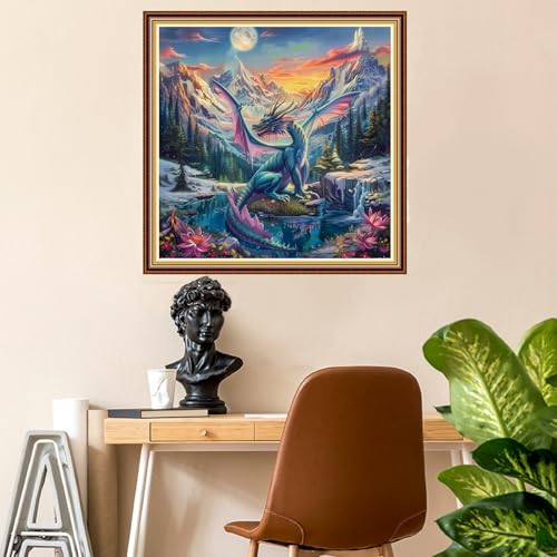 Image of Fanxvivy Stamped Counted Cross Stitch Kits for Adults Printed Cross-Stitch Patterns 11CT Stamped or Counted Cross Stitching Embroidery Kit Needlepoint Kits-Blue Wing Dragon Landscape 18x18 inch