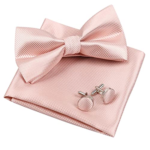 Alizeal Mens Solid Mini Squares Formal Banded Pre-tied Bow Ties Set-Blush Pink