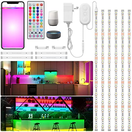 6 PCS WIFI RGBCW Under Cabinet Lights Kit,Work with Alexa,Google Assistant,App and IR Remote,Music Sync Color Changing LED Light Strip with ETL Listed Power Supply for Kitchen Cabinet Counter TV,9.8ft