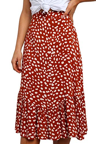R.Vivimos Women's Summer Cotton Boho Irregular Polka Dot Print Ruffled A-Line Flowy Midi Skirts