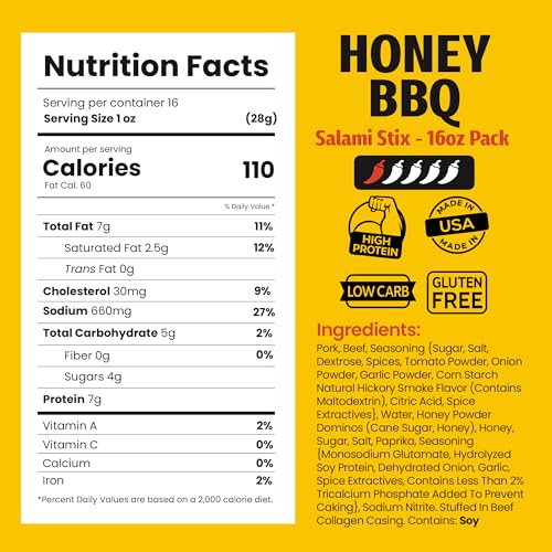 Image of Long John Snacks Dried Salami Sticks, Honey BBQ, 16 Oz | High Protein Smoked Meat Sticks Bulk Pack - Handcrafted From Fresh, Never-Frozen Cuts of USA Beef and Pork