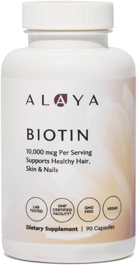 Alaya Biotin 10,000 mcg for Healthy Hair, Skin and Nails, Non GMO, Vegan, 90 Capsules