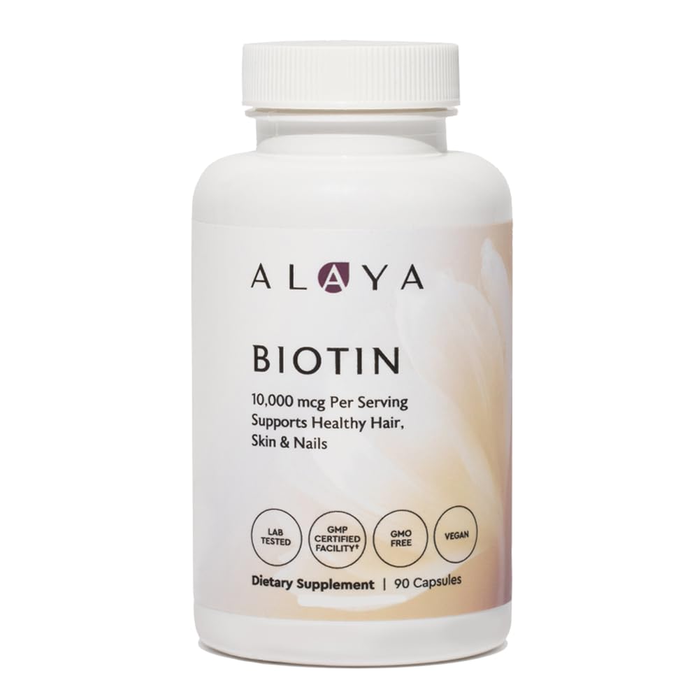 Alaya Biotin 10,000 mcg for Healthy Hair, Skin and Nails, Non GMO, Vegan, 90 Capsules