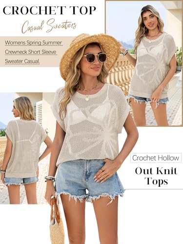 Image of Womens Summer Crochet Tops Hollow Out Cap Sleeve Cover Up Tank Top Pullover Sweater Vest Beach Vacation Clothes