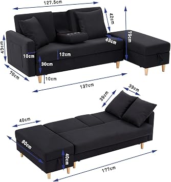 Sofa Three Seater Couch L-Shaped Sofa with Storage Large Capacity Sofa Bed Single Living Multifunctional 3 Seater Sofa with Armrests Ottoman with Wooden Legs 2 Sofa Cushions Black